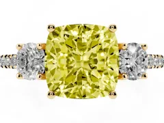 Fancy Yellow Cushion Cut Diamond Three-Stone Ring Set in Yellow gold with Pavé Band and Graduated Sides
