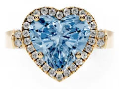 Fancy Blue Heart Cut Diamond Halo Ring Set in Yellow gold with Twist Band and Pavé Accents