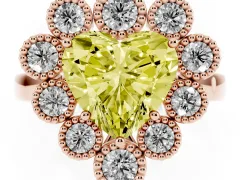 Fancy Yellow Heart Cut Diamond Cluster Halo Ring Set in Rose gold with Milgrain Bezel Accents and Plain Band