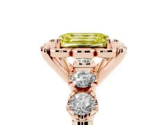 Fancy Yellow Emerald Cut Diamond Floral Halo Ring Set in Rose gold with Shared Prong Band