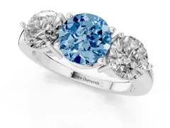 Fancy Blue Round Cut Diamond Three-Stone Ring Set in Platinum with Prong Setting and Plain Band