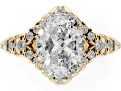 Oval Cut Diamond Solitaire Ring Set in Yellow gold with Hidden Halo and Pavé Band