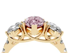 Fancy Pink Marquise Cut Diamond Three-Stone Ring Set in Yellow gold with Pavé Band