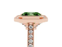 Fancy Green Asscher Cut Diamond Halo Milgrain Pavé Band Ring Set in Rose gold with Prong Setting