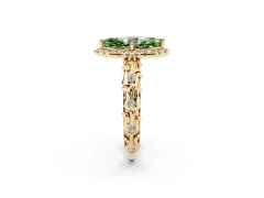 Fancy Green Marquise Cut Diamond Halo Ring Set in Yellow gold with Filigree Leaf Band and Prong Setting