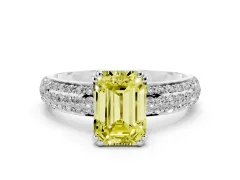 Fancy Yellow Emerald Cut Diamond Solitaire Ring Set in Silver with Multi-Row Round Pavé Band and Prong Setting