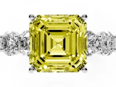 Fancy Yellow Asscher Cut Diamond Five-Stone Prong Set Ring Set in Platinum with Classic Band