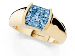 Fancy Blue Princess Cut Diamond Bezel Solitaire Ring Set in Yellow gold with Wide Band