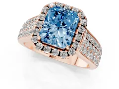 Fancy Blue Radiant Cut Diamond Halo Ring Set in Rose gold with Pavé Band and Raised Center Setting