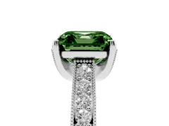 Fancy Green Asscher Cut Diamond Solitaire Ring Set in White gold with Milgrain-Edged Pavé Band and Prong Setting