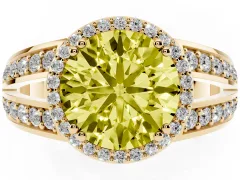 Fancy Yellow Round Cut Diamond Halo Ring Set in Yellow gold with Double Pavé Split Shank