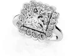 Princess Cut Diamond Halo Cluster Engagement Ring Set in White gold with Solitaire Band and Prong Setting