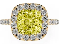 Fancy Yellow Cushion Cut Diamond Pavé Halo Ring Set in Yellow gold with Prong Setting