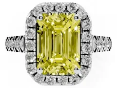 Fancy Yellow Emerald Cut Diamond Halo Engagement Ring Set in Platinum with Pavé Band and Prong-Set Center
