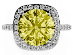 Fancy Yellow Round Cut Diamond Halo Engagement Ring Set in White gold with Round Pavé Shoulders and Heart Gallery