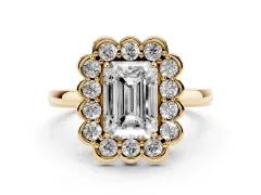Emerald Cut Diamond Halo Cluster Engagement Ring Set in Yellow gold with Solitaire Band and Prong Setting