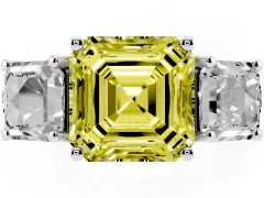 Fancy Yellow Asscher Cut Diamond Three-Stone Ring Set in Silver with Pavé Band