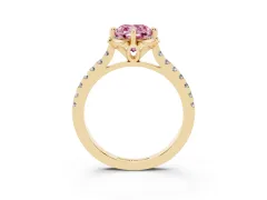 Fancy Pink Cushion Cut Diamond Solitaire Ring Set in Yellow gold with Pavé Band and Floral Prong Setting