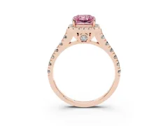 Fancy Pink Radiant Cut Diamond Halo Engagement Ring Set in Rose gold with Pavé Band and Prong-Set Center