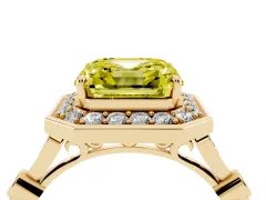 Fancy Yellow Asscher Cut Diamond Halo Engagement Ring Set in Yellow gold with Twisted Band and Prong Setting