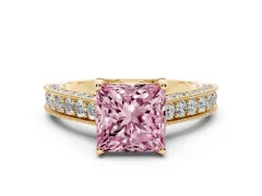 Fancy Pink Princess Cut Diamond Solitaire Ring Set in Yellow gold with Milgrain-Edged Pavé Band and Prong Setting