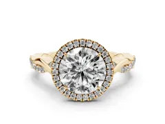 Round Cut Diamond Halo Twist Band Solitaire Ring Set in Yellow gold with Prong Setting