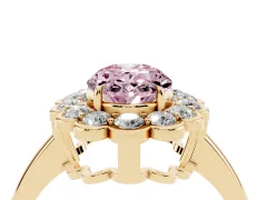 Fancy Pink Oval Cut Diamond Halo Cluster Engagement Ring Set in Yellow gold with Solitaire Band and Prong Setting