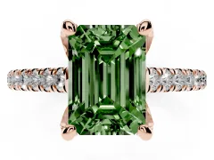 Fancy Green Emerald Cut Diamond Solitaire Ring Set in Rose gold with Brilliant Pavé Band and Prong Setting