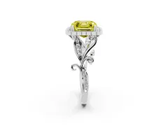 Fancy Yellow Asscher Cut Diamond Halo Ring Set in Platinum with Leaf Motif Split Shank and Prong Setting