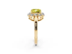 Fancy Yellow Princess Cut Diamond Milgrain Halo Solitaire Ring Set in Yellow gold with Bezel Set Side Stones and Pavé Band