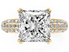 Princess Cut Diamond Solitaire Ring Set in Yellow gold with Multi-Row Round Pavé Band and Prong Setting
