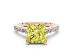 Fancy Yellow Princess Cut Diamond Solitaire Ring Set in Rose gold with Brilliant Pavé Band and Prong Setting