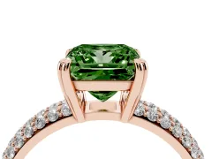 Fancy Green Princess Cut Diamond Solitaire Ring Set in Rose gold with Multi-Row Round Pavé Band and Prong Setting