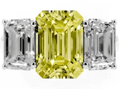 Fancy Yellow Emerald Cut Diamond Three-Stone Ring Set in Silver with Plain Polished Band