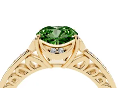 Fancy Green Cushion Cut Diamond Halo Ring Set in Yellow gold with Channel Set Band and Prong Setting