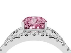 Fancy Pink Cushion Cut Diamond Split Shank Pavé Solitaire Ring Set in Platinum with Open Shank Design