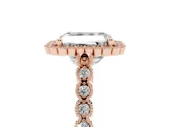 Radiant Cut Diamond Halo Ring Set in Rose gold with Pavé Milgrain Band
