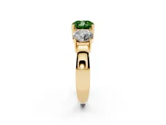 Fancy Green Cushion Cut Diamond Three-Stone Ring Set in Yellow gold with Round Side Stones and Classic Band