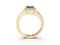 Fancy Blue Asscher Cut Diamond Halo Ring Set in Yellow gold with Double Pavé Split Shank