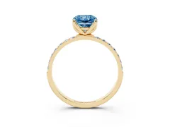 Fancy Blue Radiant Cut Diamond Solitaire Engagement Ring Set in Yellow gold with Round Pavé Band and Prong Setting