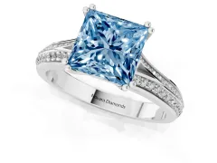 Fancy Blue Princess Cut Diamond Split Shank Pavé Engagement Ring Set in Platinum with Prong-Set Center Stone