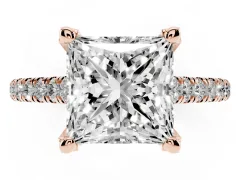 Princess Cut Diamond Solitaire Ring Set in Rose gold with Brilliant Pavé Band and Prong Setting