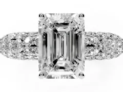 Emerald Cut Diamond Pavé Band Solitaire Ring Set in White gold with Close-Set Accent Stones and Prong Setting