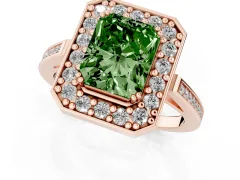 Fancy Green Radiant Cut Diamond Halo Ring Set in Rose gold with Accent-Lined Split Shank and Prong Setting