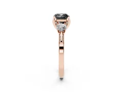 Fancy Black Cushion Cut Diamond Three-Stone Ring Set in Rose gold with Pavé Band and Smaller Side Stones
