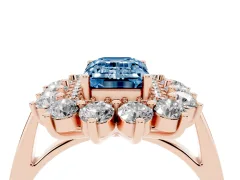 Fancy Blue Emerald Cut Diamond Floral Double Halo Ring Set in Rose gold with Round Petals