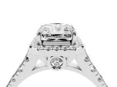 Radiant Cut Diamond Halo Engagement Ring Set in White gold with Pavé Band and Prong-Set Center