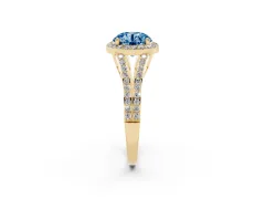 Fancy Blue Round Cut Diamond Halo Split Shank Ring Set in Yellow gold with Accent Stones and Prong Setting
