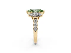 Fancy Green Marquise Cut Diamond Three-Stone Ring Set in Yellow gold with Pavé Band