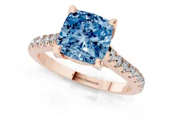 Fancy Blue Cushion Cut Diamond Solitaire Ring Set in Rose gold with Brilliant Pavé Band and Prong Setting